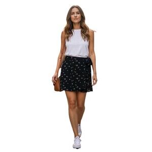 Treasure & Bond Nordstrom Ditsy Floral Wrap Midi Skirt L Black White Boho NWT